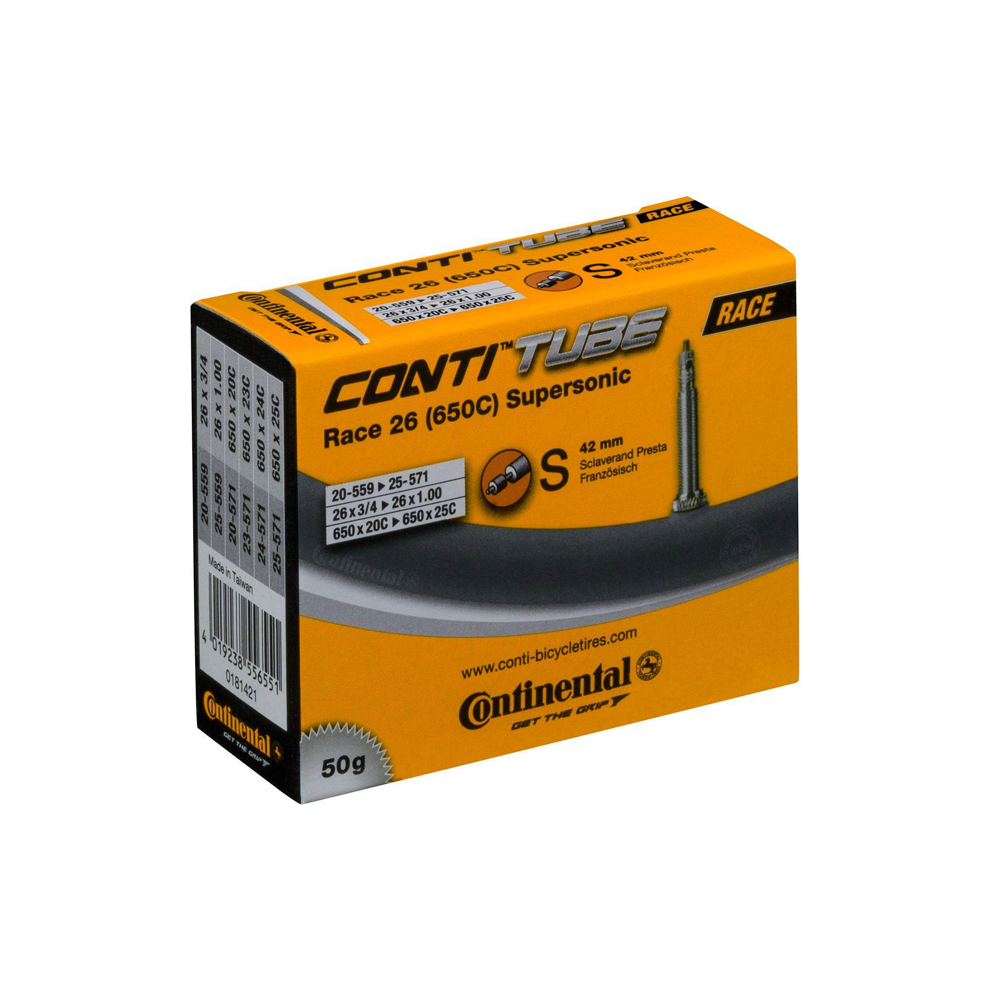 Continental Race Tube Supersonic 700x20-25C road bike tube with Presta valve, 42mm length, for cycling components.