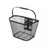 Topeak Urban Basket Front Black with QuickClick® system attached to a bike handlebar, designed for bike accessories.