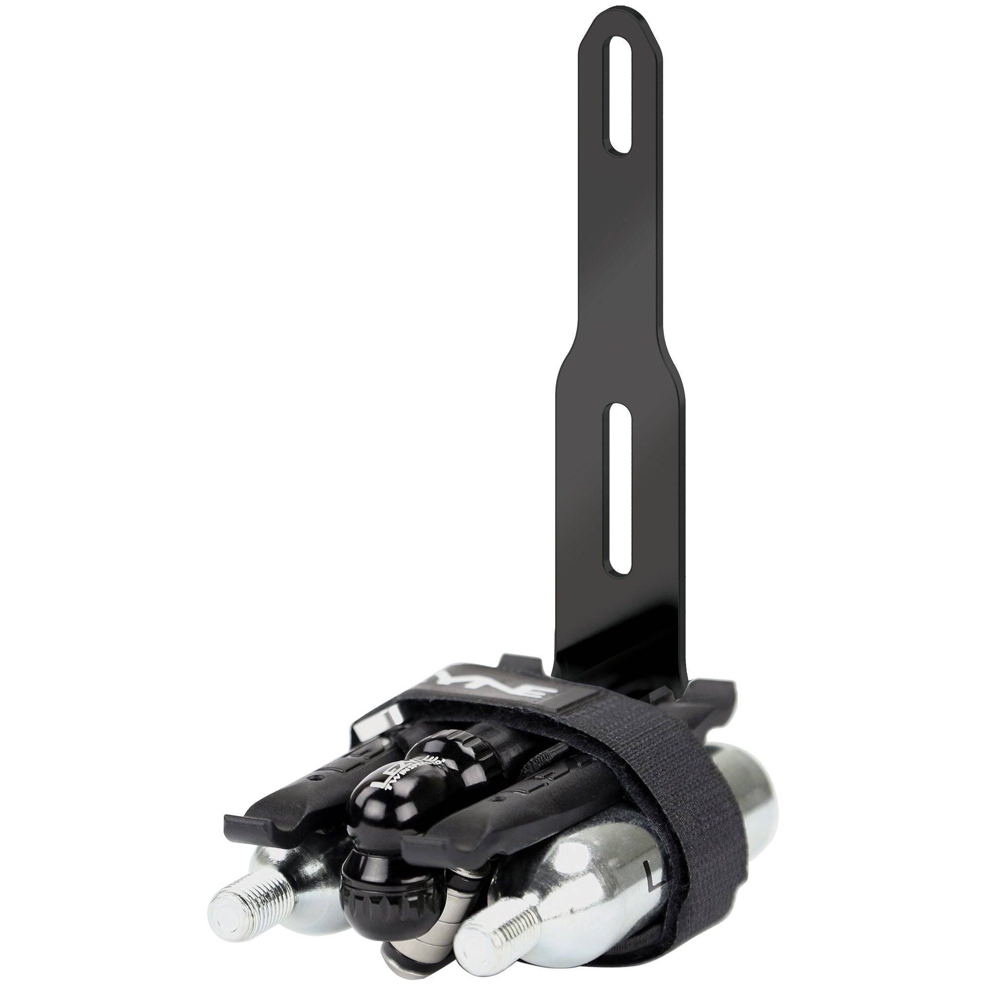 Black Lezyne Flow Storage Adapter for bike tool storage under bottle cage, designed for secure accessory attachment.