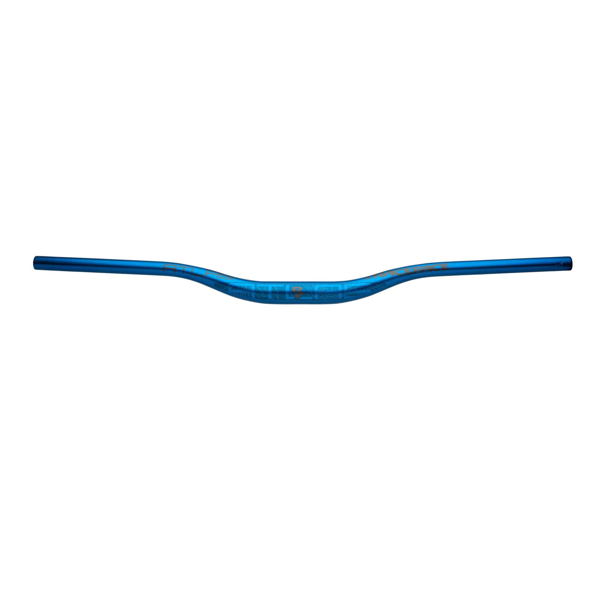 Race Face Atlas mountain bike handlebar with 35mm rise, blue, 35mm diameter, designed for mountain biking components.
