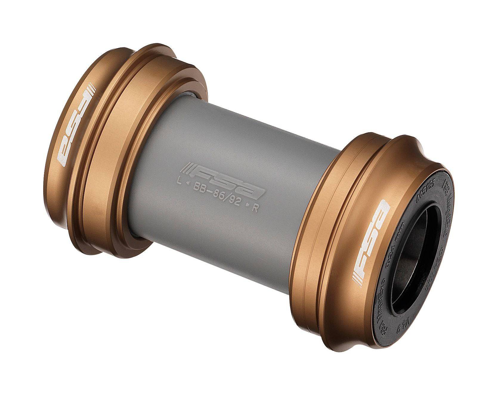 FSA PF30 press-fit bottom bracket for 24mm MegaExo road cranks, compatible with BB386 Evo, shown installed in bicycle frame.