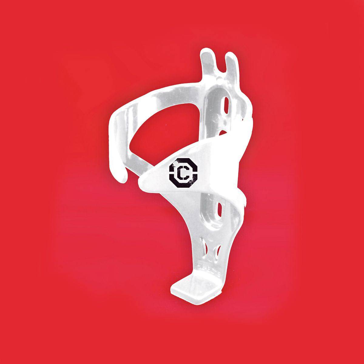 Clarks white polycarbonate bike bottle cage with mounting bolts, designed for cycling accessories and easy water bottle access