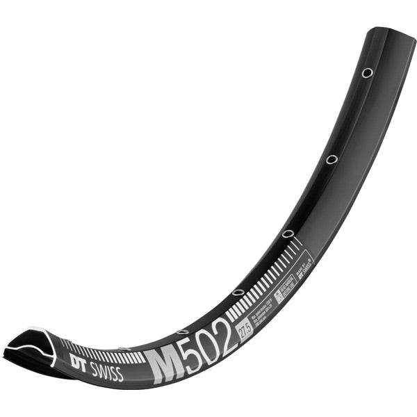 Black DT Swiss M 502 MTB rim with disc-specific and Presta-drilled design, featuring sleeve-joined construction for mountain biking.