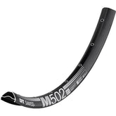 Black DT Swiss M 502 MTB rim with disc-specific and Presta-drilled design, featuring sleeve-joined construction for mountain biking.