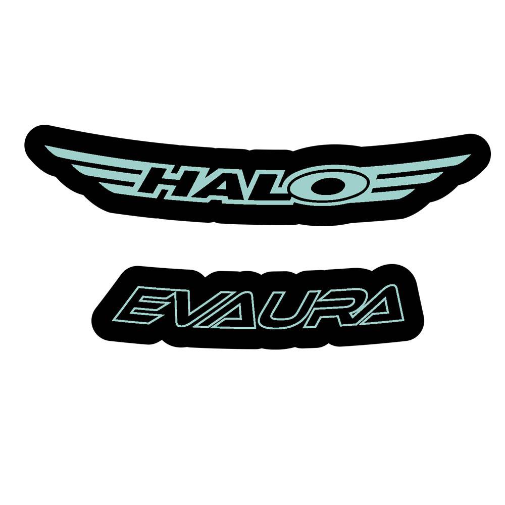 Halo Evaura disc rim decals kit with customizable protective wheel stickers on a silver alloy rim.