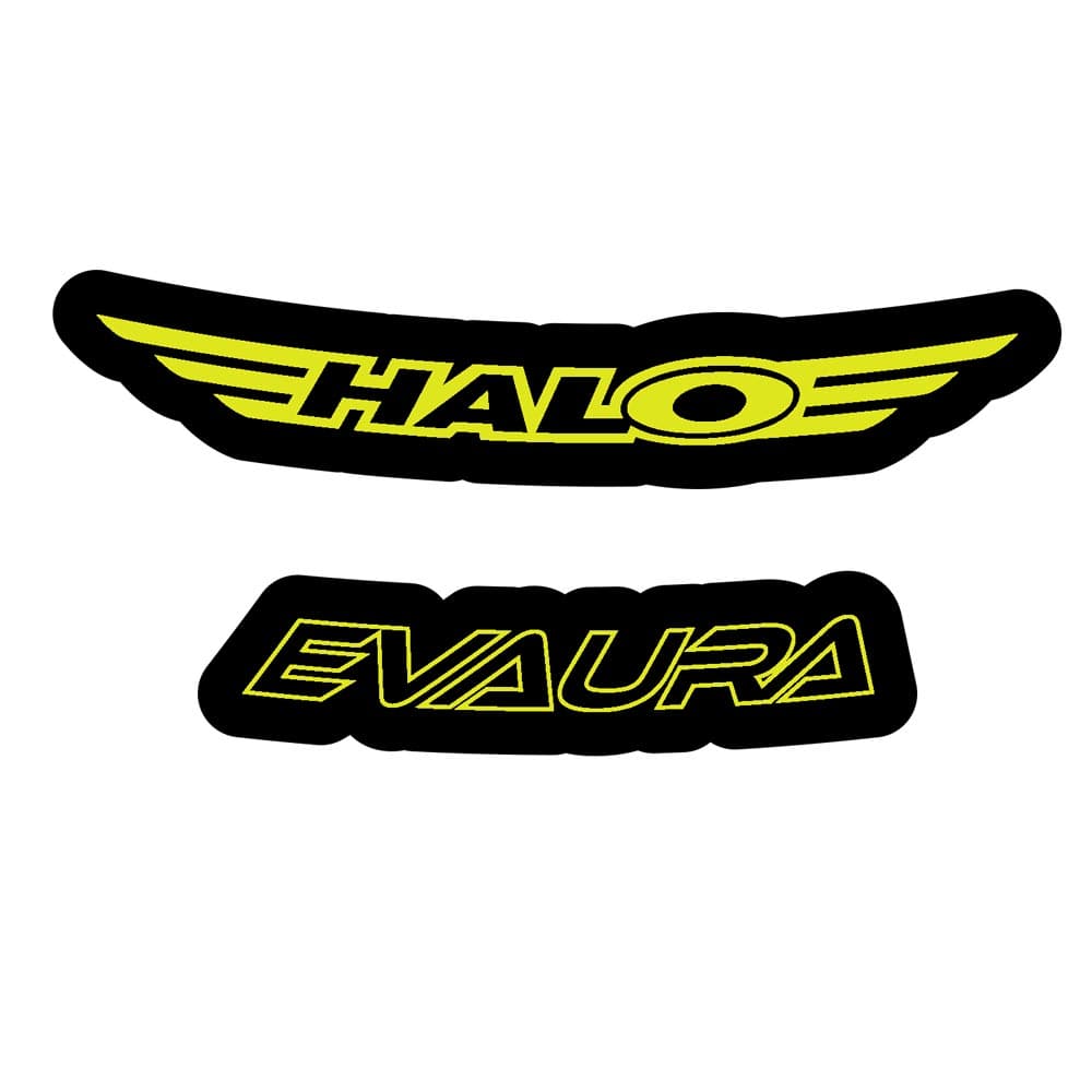 Halo Evaura Disc Rim Decals Kit featuring customizable protective wheel stickers on a vehicle wheel.