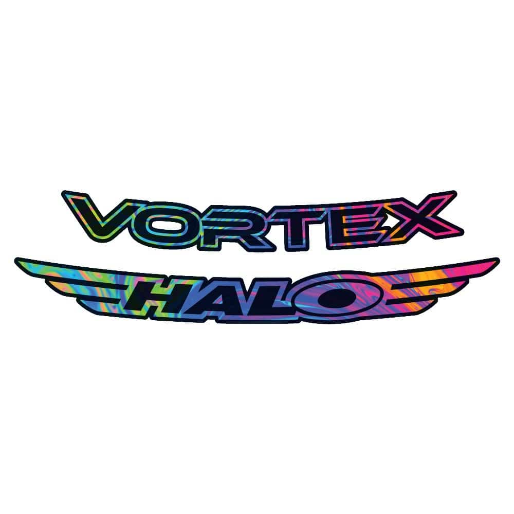 Halo Vortex Rim Decals for 27.5" & 29" bike wheels, oil slick design, 24-pack of vibrant bike rim stickers for bicycle components.