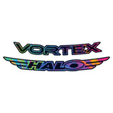 Halo Vortex Rim Decals for 27.5" & 29" bike wheels, oil slick design, 24-pack of vibrant bike rim stickers for bicycle components.