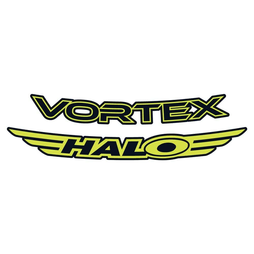 Yellow Halo Vortex rim decals for 27.5 and 29-inch bike wheels, 24-pack of stylish rim stickers for bike components.