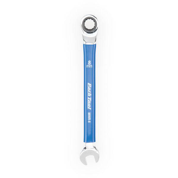 Park Tool MWR-8 ratcheting metric wrench with 8mm box ends, two-way ratchet for workshop use, showing close-up of wrench and box ends.