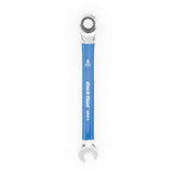 Park Tool MWR-8 ratcheting metric wrench with 8mm box ends, two-way ratchet for workshop use, showing close-up of wrench and box ends.