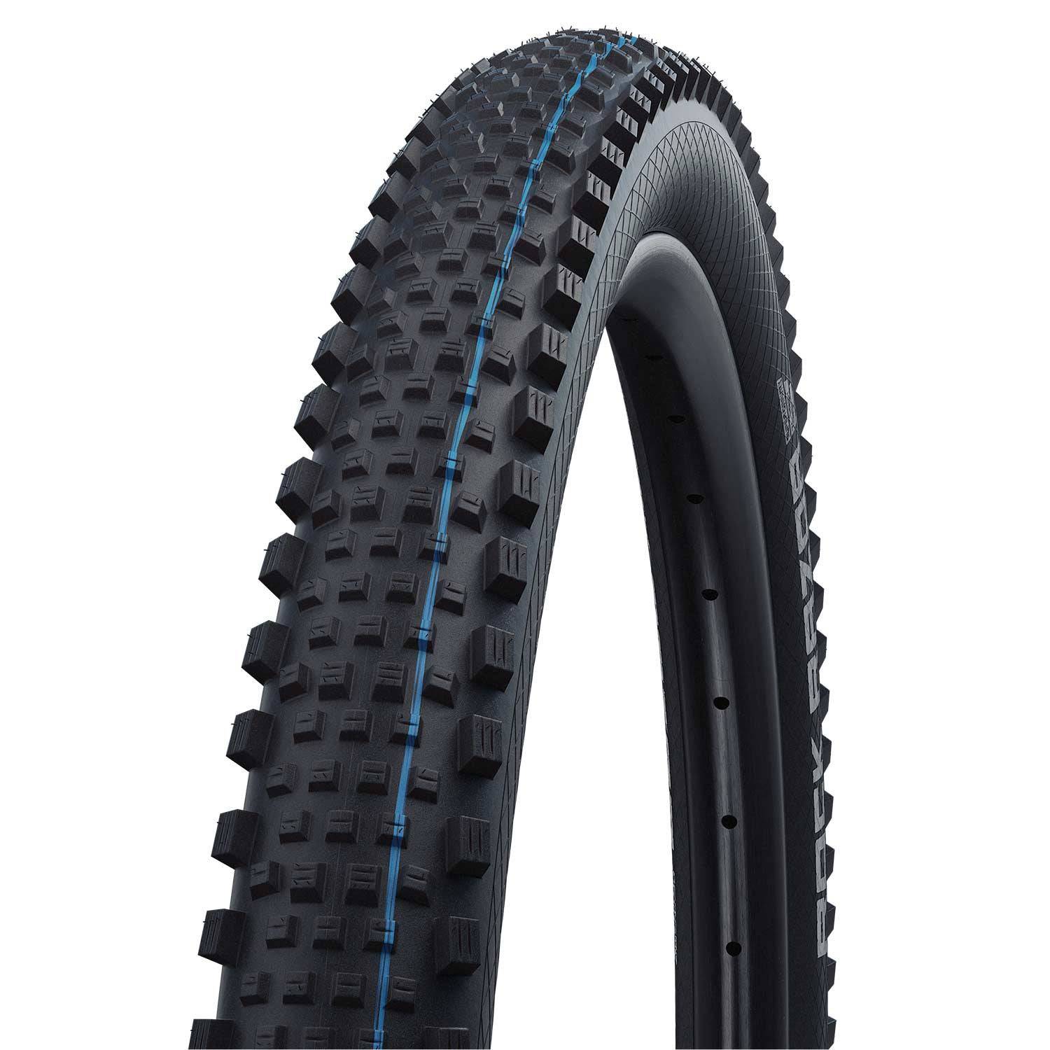 Schwalbe Rock Razor Speedgrip folding MTB tubeless tire mounted on a mountain bike wheel, designed for E-Bike and off-road riding.