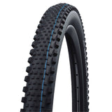 Schwalbe Rock Razor Speedgrip folding MTB tubeless tire mounted on a mountain bike wheel, designed for E-Bike and off-road riding.