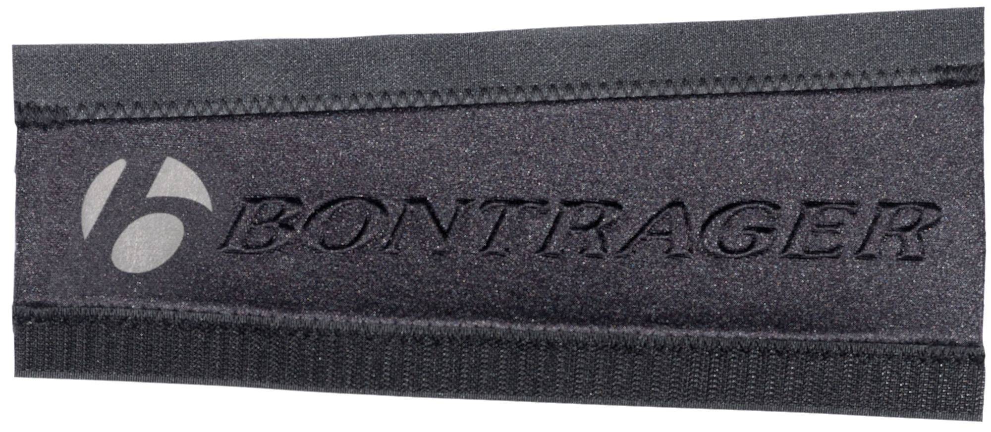 Bontrager black long chainstay protector on bike frame, designed to reduce noise and protect the frame from chain impacts.