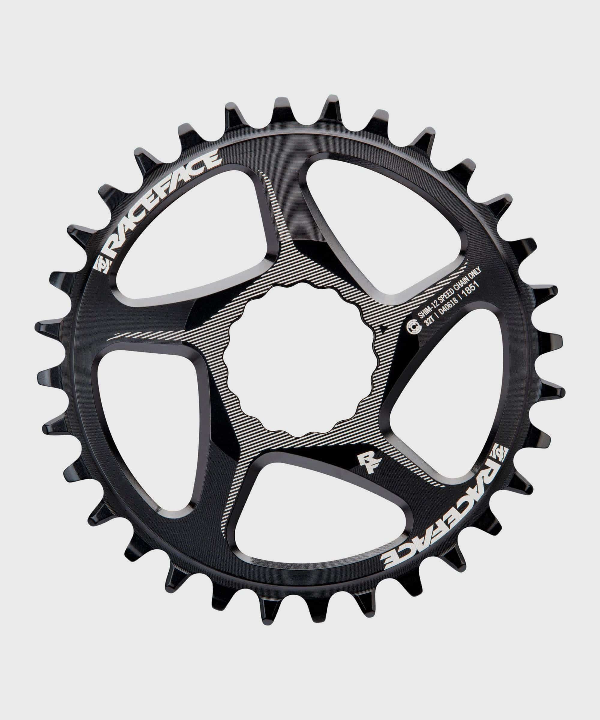Race Face Direct Mount chainring for Shimano 12-speed with CINCH system interface, black component for mountain bike drivetrain.