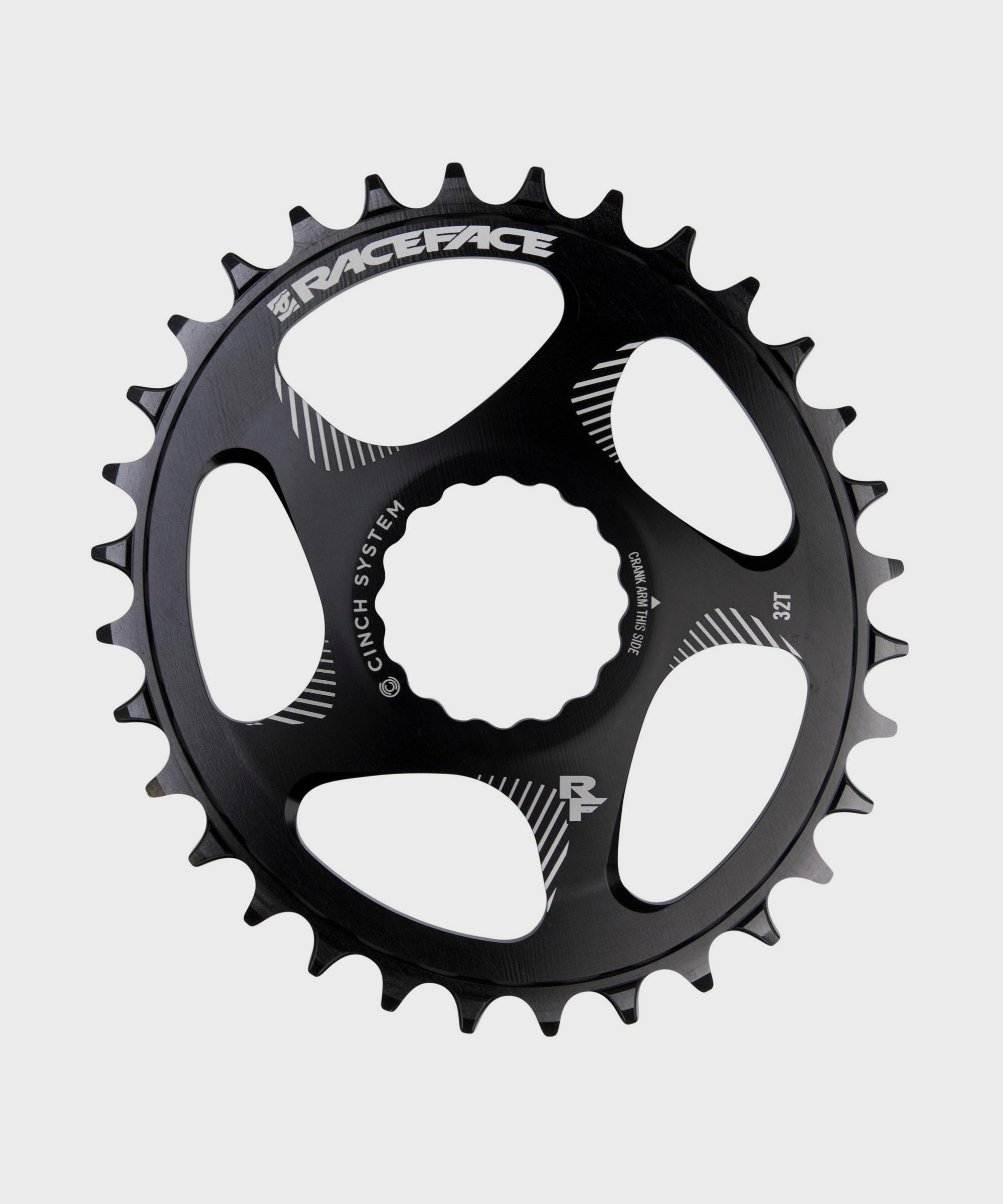 Race Face direct mount oval chainring for MTB, showing black 10% ovality design on a component image.