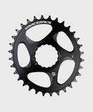 Race Face direct mount oval chainring for MTB, showing black 10% ovality design on a component image.
