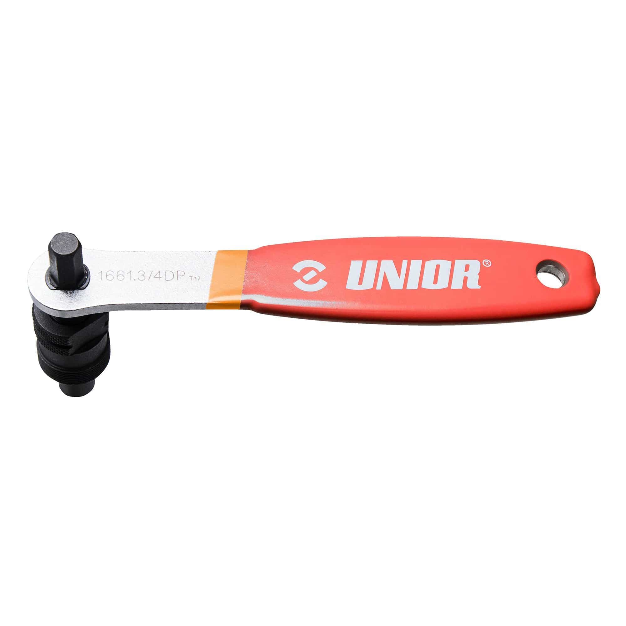 UNIOR crank puller with handle for Shimano Octalink, ISIS, and Square spindle bike cranks, shown in red for workshop use