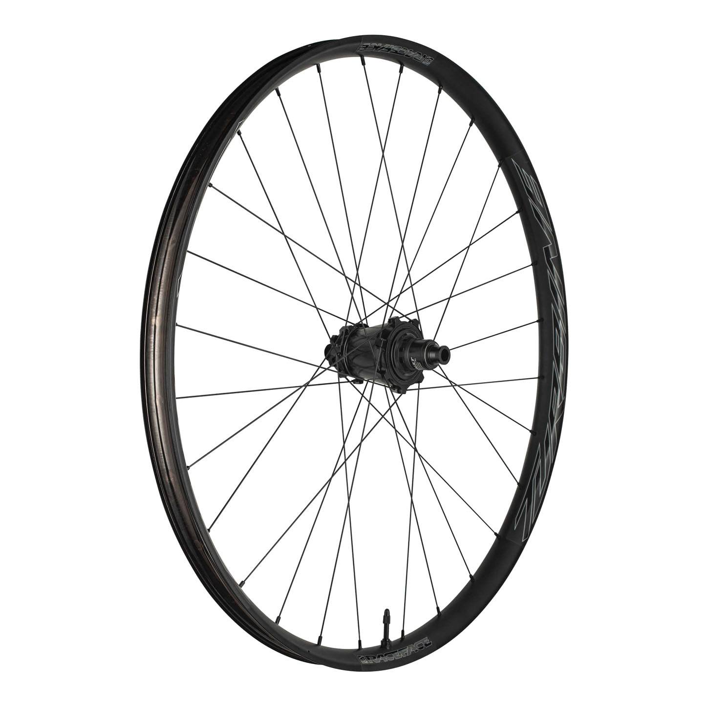 Race Face Turbine R 35mm alloy MTB wheels with Vault hub, tubeless ready design, mounted on a mountain bike.