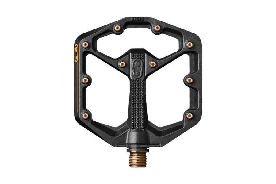 Crank Brothers Stamp 11 flat mountain biking pedal with adjustable pins, durable metal components and textured grip for optimal performance.