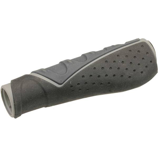 Black and grey M Part Comfort Grips for bike handlebars, featuring triple density gel for a universal fit and enhanced comfort.