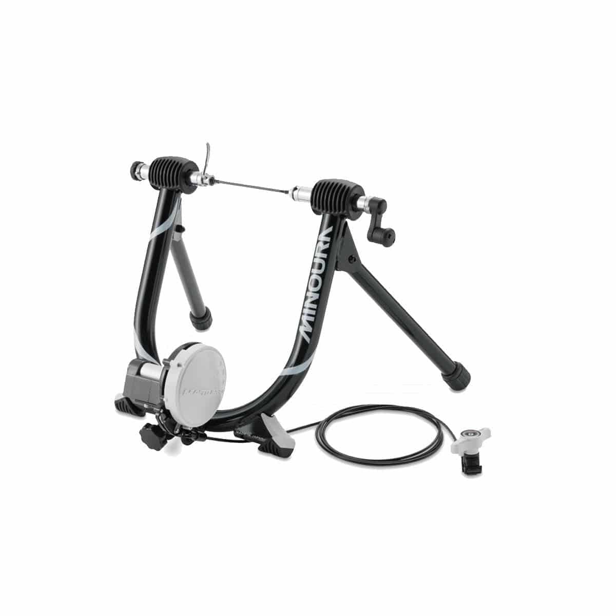 Minoura Mag Ride 60R indoor bike trainer with adjustable magnetic resistance in black, designed for indoor cycling workouts.