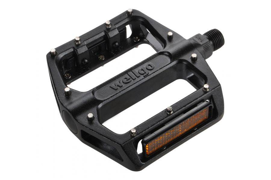 System Ex MP650 alloy flat pedals with removable pins for MTB and BMX bikes, showcasing durable construction and textured grip surface.