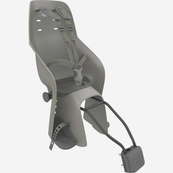 Urban Iki U-ME rear child seat mounted on bike frame, showing secure attachment and comfortable seating for children.