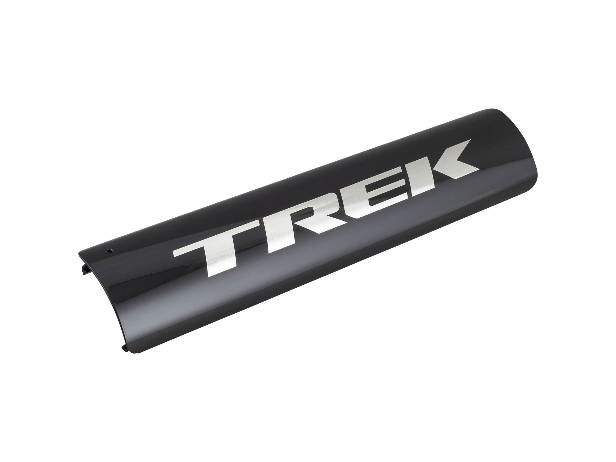 Trek Allant+ 9 black chrome battery cover, protective component for e-bike battery access, with a sleek, durable finish.