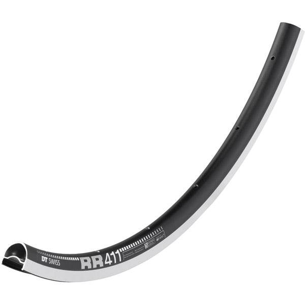 DT Swiss RR 411 road cycling rim with tubeless compatibility and 18mm internal width, shown in this close-up image.