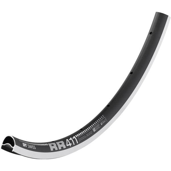 DT Swiss RR 411 Asymmetric rear road rim in black with Presta valve holes and SBWT branding, designed for lightweight cycling performance.