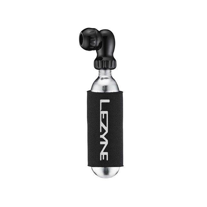 Lezyne Twin Speed Drive CO2 inflator in black with Presta and Schrader valve compatibility for bike tire inflation.