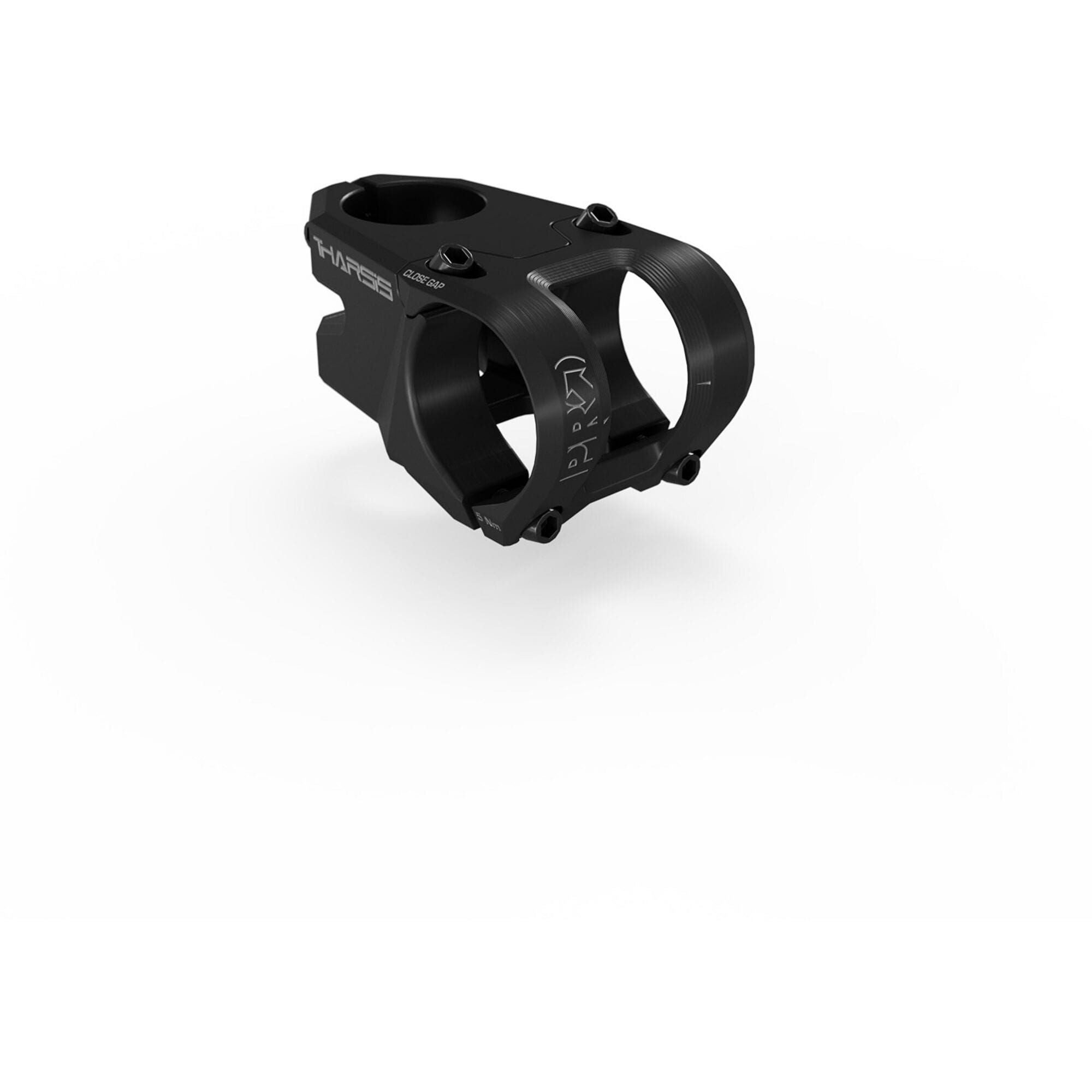 PRO Tharsis Alloy Stem 35mm clamp for aggressive trail and enduro riding, showing the sturdy black component with mounting bolts.