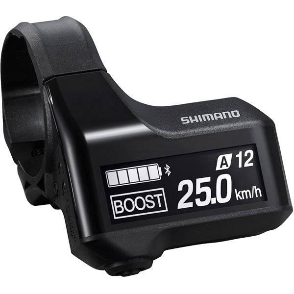 Shimano STEPS SC-E7000 cycle computer display mounted on handlebars, compatible with 31.8mm and 35mm sizes for e-bike navigation