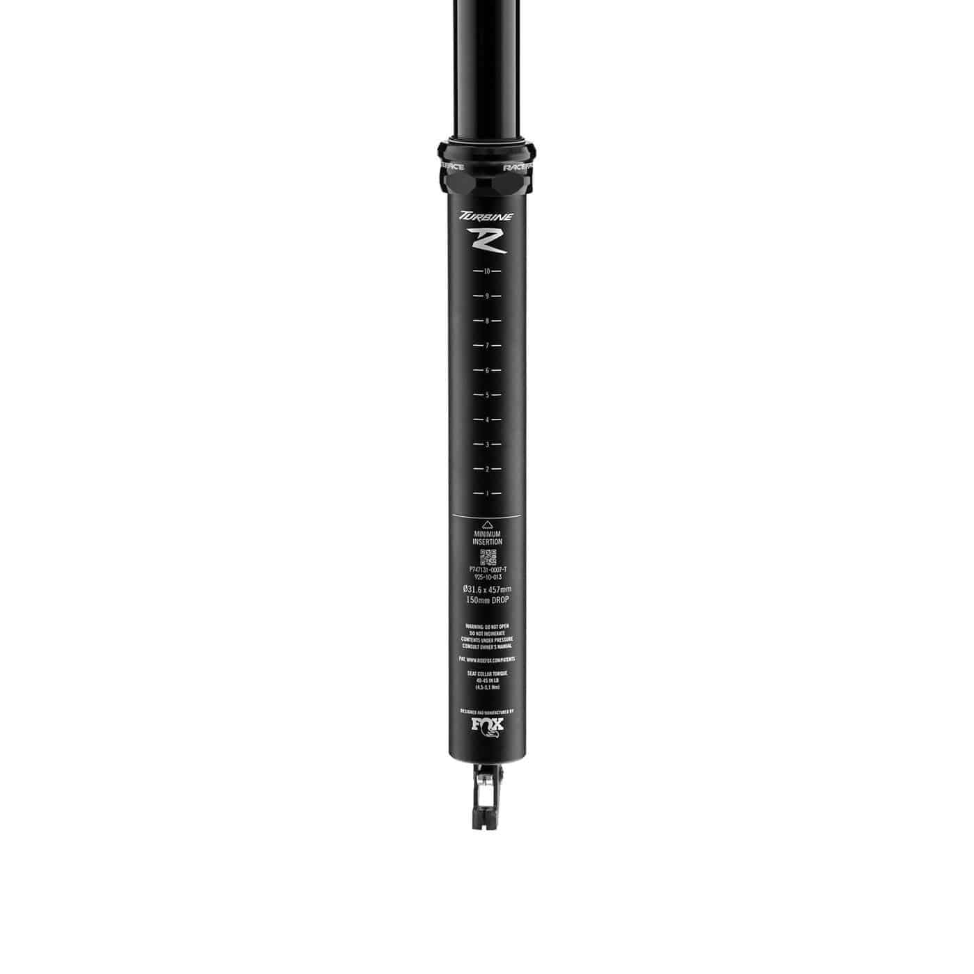 Race Face Turbine R dropper seatpost for mountain bikes, showing the sleek black hydraulic dropper post with branding.