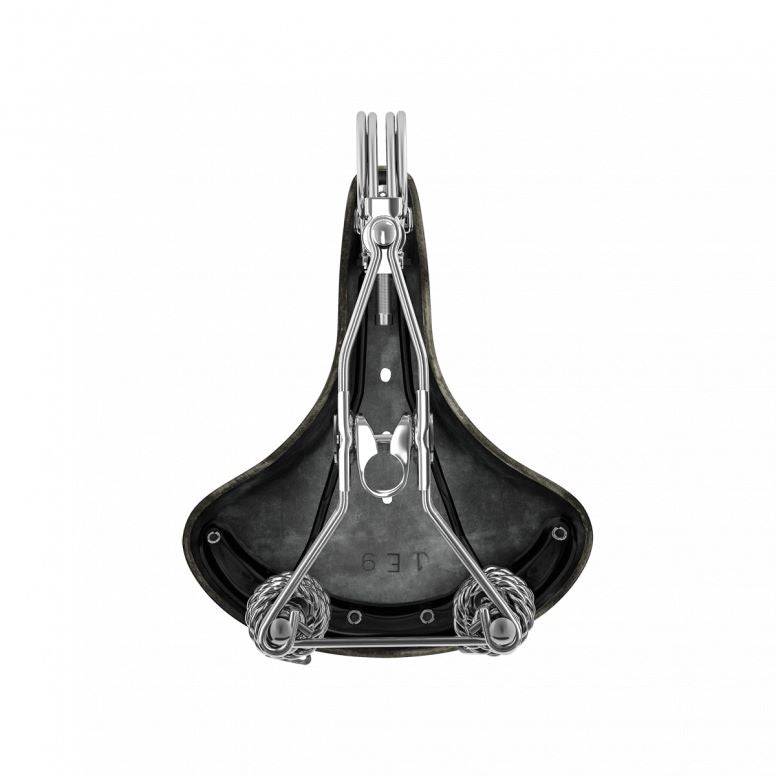 Brooks B33 saddle with rear coil springs and chrome rails for comfortable cycling, showcasing the leather saddle's detailed craftsmanship.