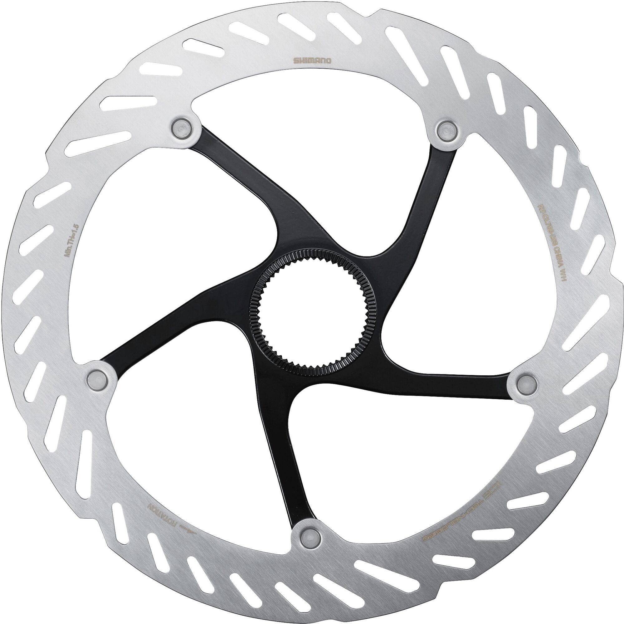 Shimano RT-CL700 Ice Tech Centerlock rotor with internal lockring for bicycle braking systems, showing the rotor's detailed design.