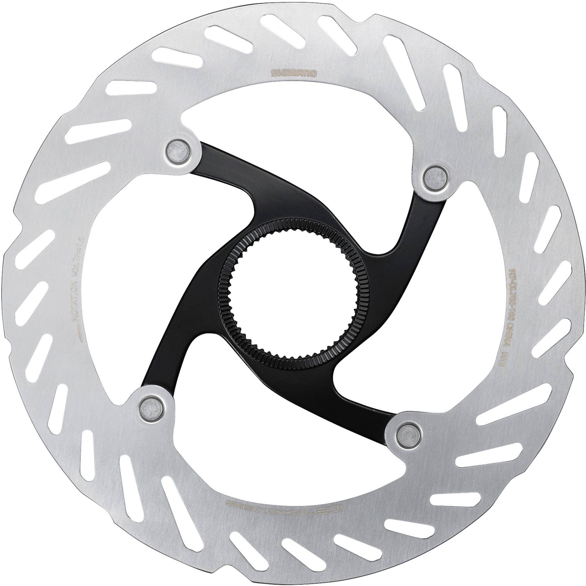 Shimano RT-CL700 Ice Tech Center Lock Rotor with external lockring for bicycle disc brakes, showing the rotor's detailed surface.