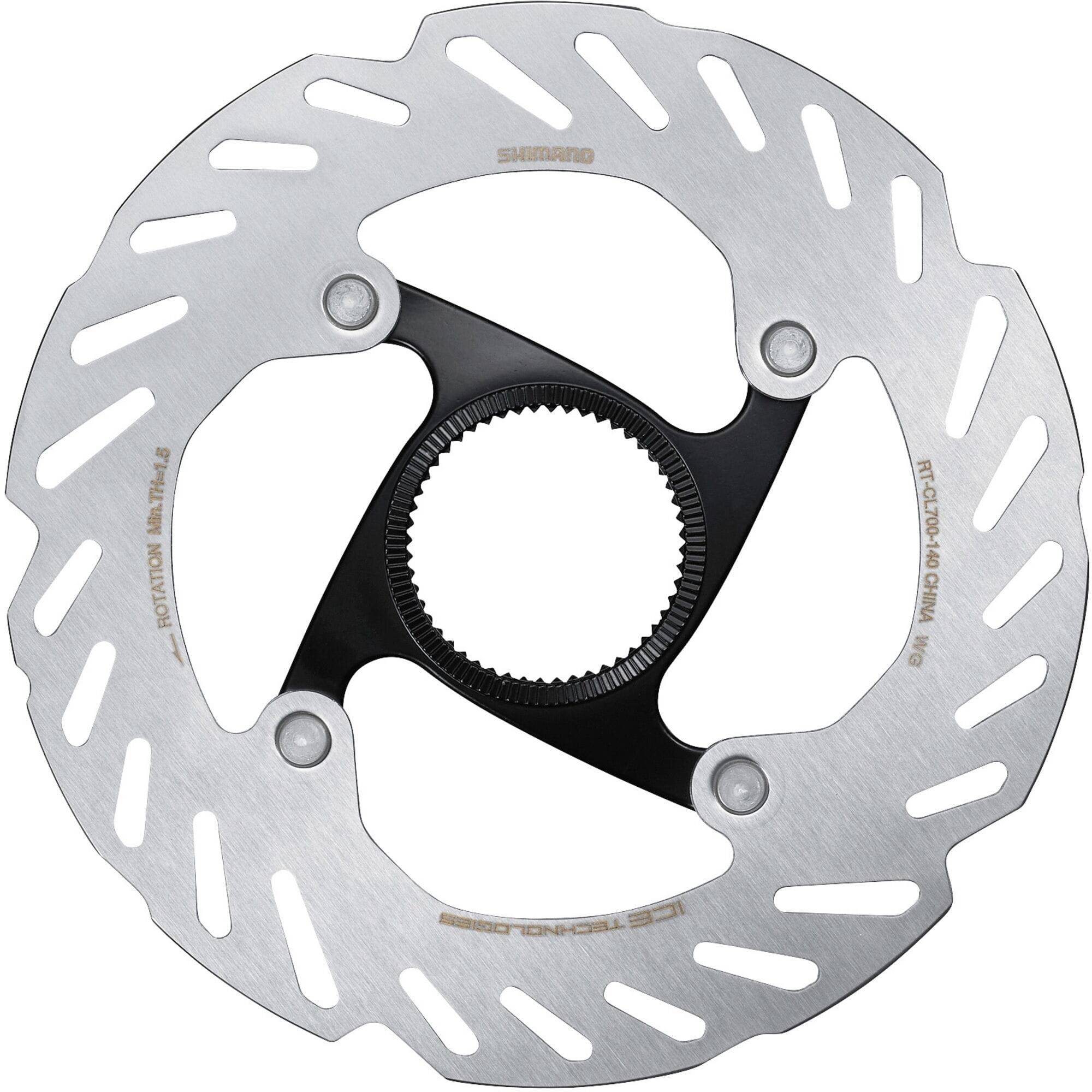 Shimano RT-CL700 Ice Tech Centerlock rotor with internal lockring for bike braking systems, showing the rotor's detailed surface.