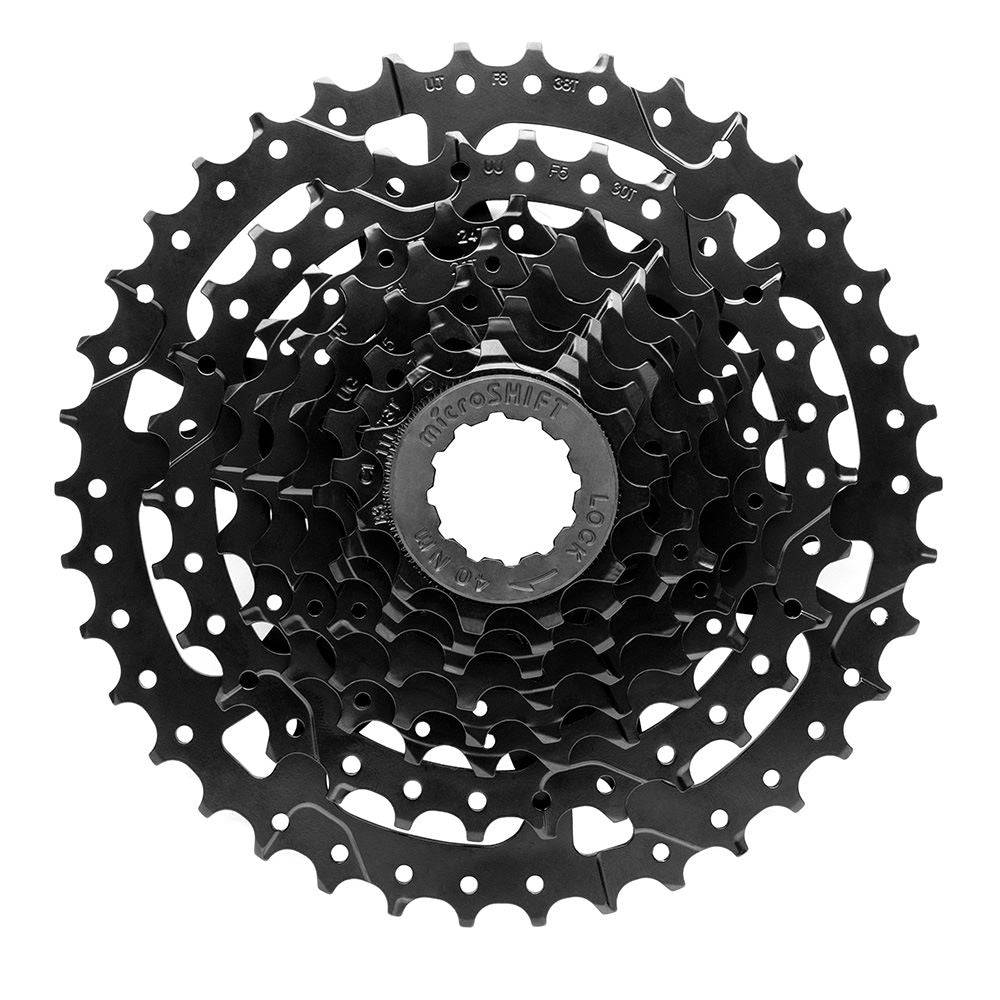 MicroSHIFT Acolyte H-Series 8-speed cassette showing metal sprockets for smooth, durable bike shifting components