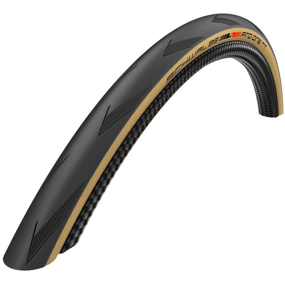 Schwalbe Pro One Evo Super Race folding tubeless road tire with sleek black tread and sidewall for high-performance cycling.