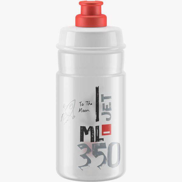 Red Elite Jet 66mm youth bike bottle, 350ml BPA-free dishwasher-safe cycling accessory with a secure lid and ergonomic design.