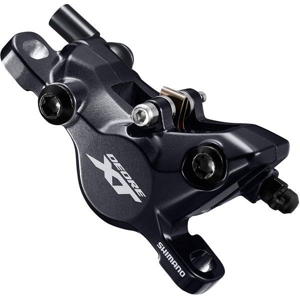 Shimano Deore XT BR-M8100 hydraulic disc brake caliper for front or rear post mount mountain bike, black and silver finish