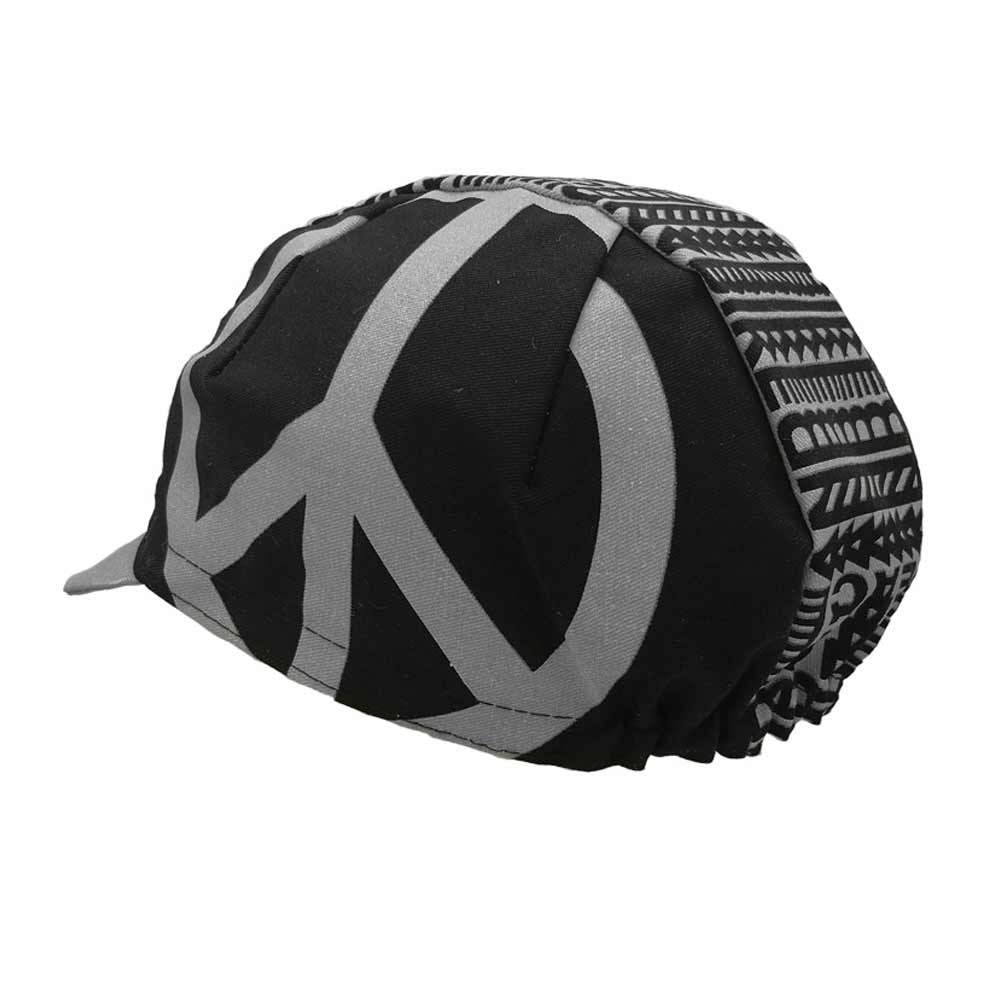 Cinelli Peace Black cycling cap with Italian screenprinted graphic, lightweight headwear for cycling enthusiasts.