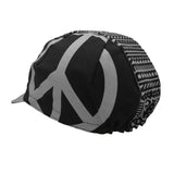 Cinelli Peace Black cycling cap with Italian screenprinted graphic, lightweight headwear for cycling enthusiasts.