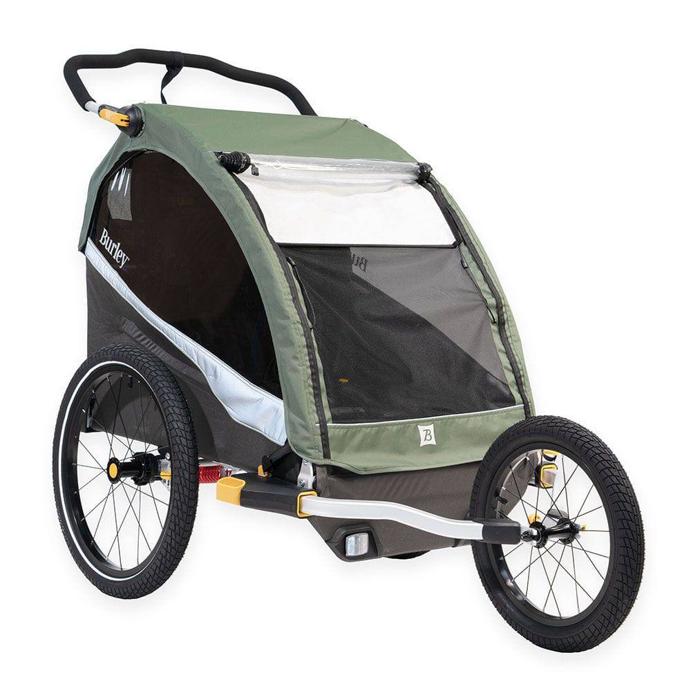 Burley D'Lite X double bike trailer and stroller with adjustable suspension, featuring a durable fabric and safety harnesses.