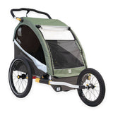 Burley D'Lite X double bike trailer and stroller with adjustable suspension, featuring a durable fabric and safety harnesses.