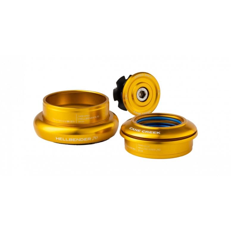 Cane Creek Hellbender 70 IS41/28.6 and IS52/40 headset with premium bearings, showing the assembled headset components.