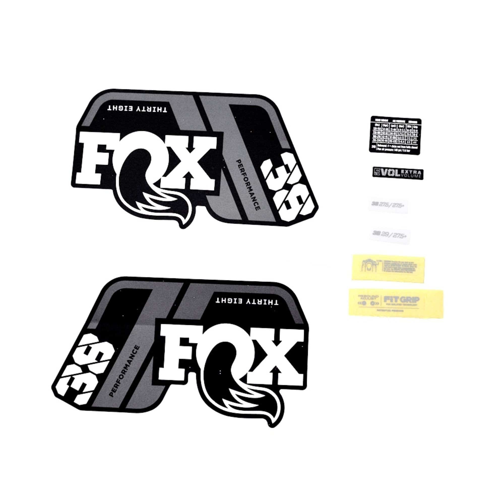 Fox Fork 38 Decal Kit: P-S Grey Logo Matte Black 2021 | Swinnerton Cycles