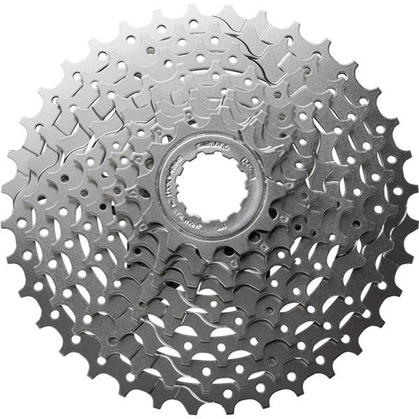 Shimano Alivio CS-HG400 9-speed MTB cassette with 11-34T gears, showcasing the silver metal cogs for smooth shifting.